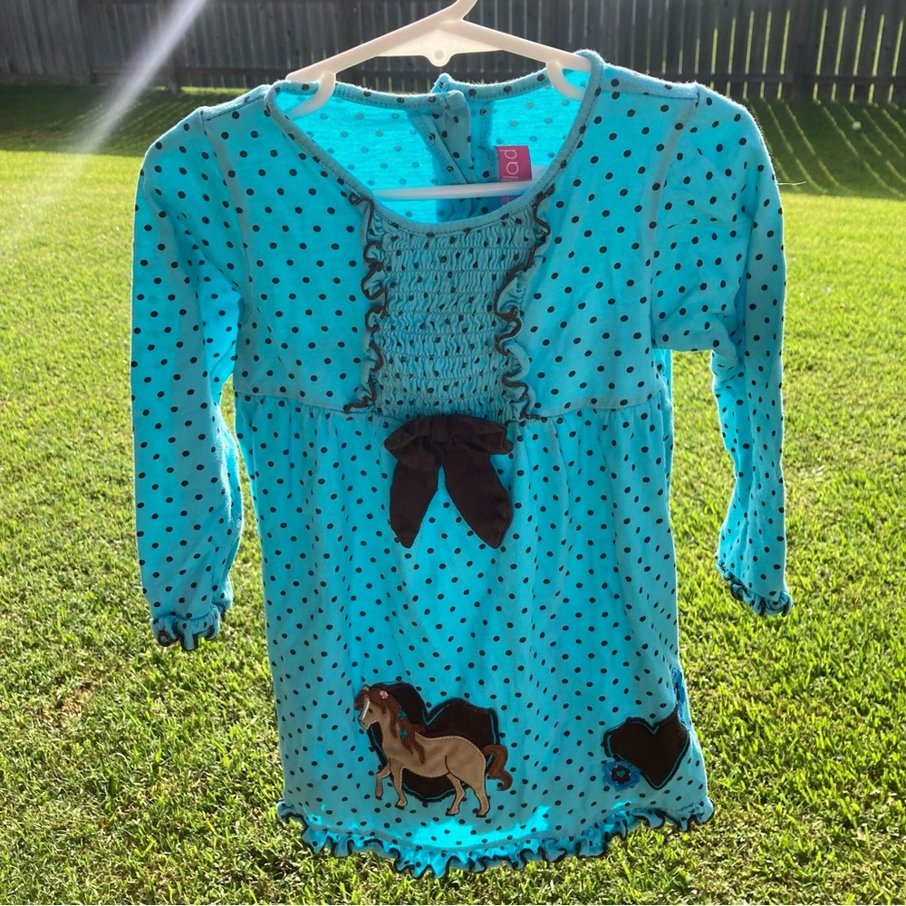 Blue with brown dots long sleeve dress with horses Good Lad size 4 girls GUC